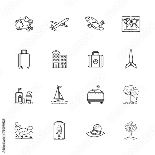 Travel and Tourism Icons A Collection of Airplane, Map, Suitcase, and Outdoor Adventure Elements