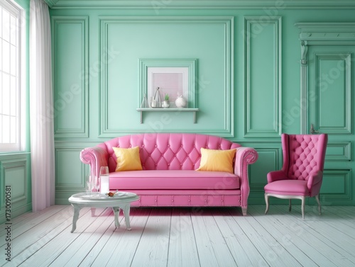 A mint green room featuring a pink sofa and chair, accented with yellow throw pillows, creates a charming and stylish interior design.