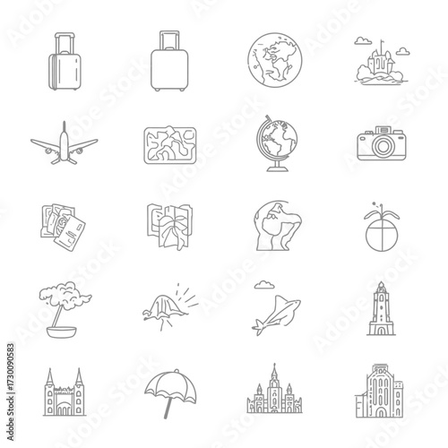 Travel and vacation outline icon set. A simple linear collection of symbols for tourism, journey, and holiday concepts on an isolated white background