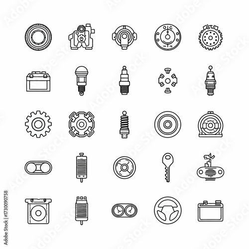 Clean line art icons representing a wide array of automotive vehicle components and essential spare parts, ideal for car maintenance, repair, and manufacturing themes