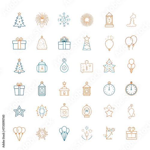 Embrace the festive spirit with this comprehensive collection of holiday celebration vector icons, featuring minimalist line designs for Christmas, New Year, and party essentials