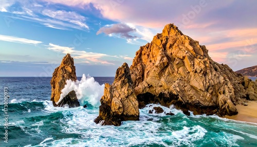 Dramatic sunset over ocean waves crashing against rocky formations