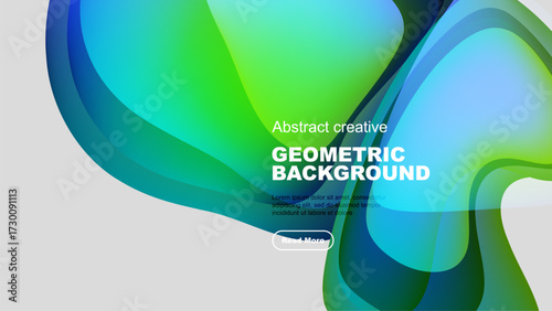 Fluid shapes blend, creating vibrant gradient. Modern design features text, button on gray surface. Abstract composition.