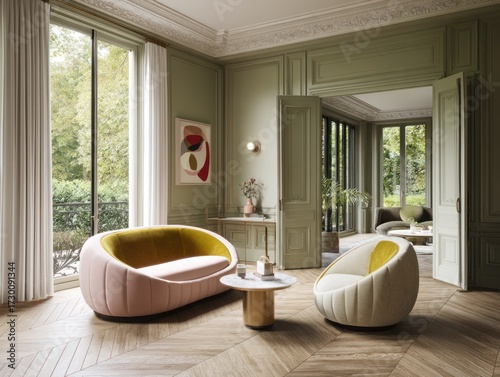 A stylish living room boasts pastel hues and modern furniture, highlighted by the soft yellow accents and pale pink sofa.