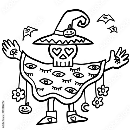 halloween illustration skeleton in a witch hat and poncho. in doodle line style