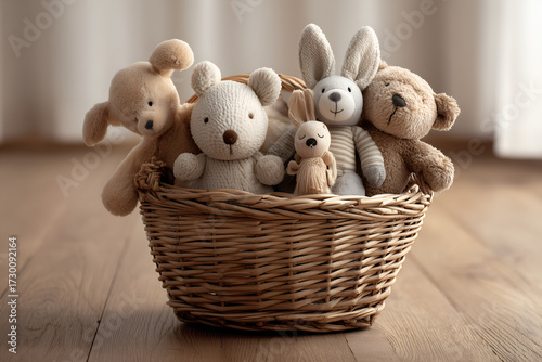 stuffed animals in basket