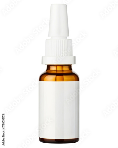 Amber glass nasal spray bottle with blank label for mockup on a transparent background