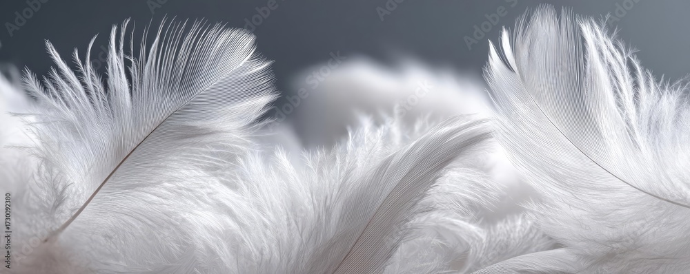 Fototapeta premium Closeup white feathers background for calm concept. Soft white feathers delicately arranged for a calming aesthetic.