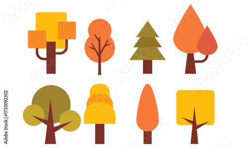 Abstract geometric autumn trees vector set, flat seasonal nature illustration