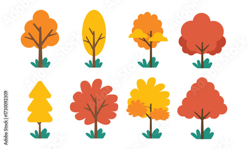 Flat vector autumn trees set, colorful fall foliage seasonal nature illustration