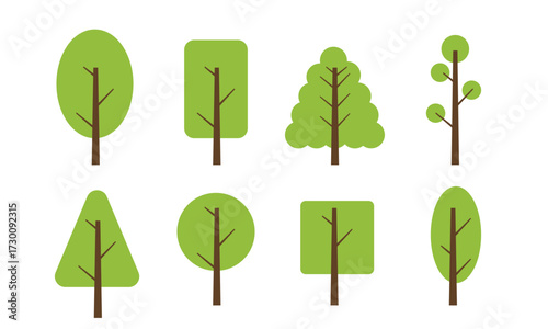 Geometric flat green trees vector set, minimal nature design collection