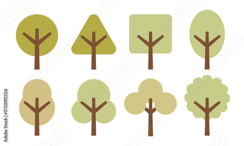 Flat minimal rounded tree vector set, clean natural foliage design