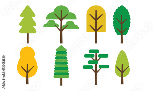 Decorative flat tree vector set, nature design elements collection
