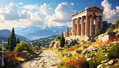 Ancient temple ruins on a hilltop, overlooking a valley and mountains under a bright sunny sky
