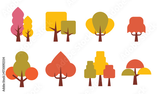 Abstract geometric autumn trees vector set, flat seasonal nature illustration