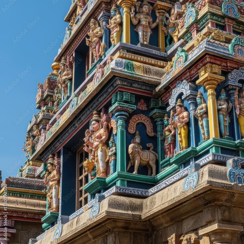 Fototapeta premium vibrant temple architecture with intricate carvings and colorful sculptures showcasing cultural heritage and artistry - AI Generated Digital Art