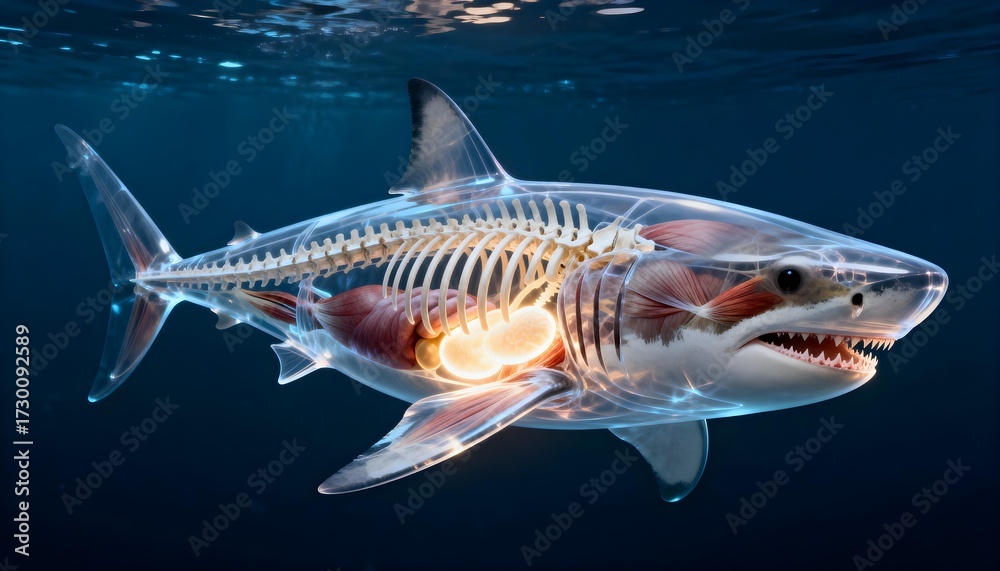 Fototapeta premium Transparent anatomical rendering of a great white shark