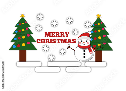 Festive Christmas logo with snowman, trees and snowflakes for holiday greetings.