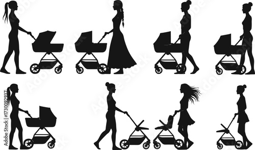 Silhouette women walking with baby stroller, mother pushing pram, childcare illustration, parenting concept, motherhood lifestyle, family care, child safety, outdoor walk
