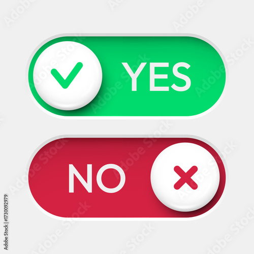 On and Off toggle switch buttons. YES NO. Material design switch set.