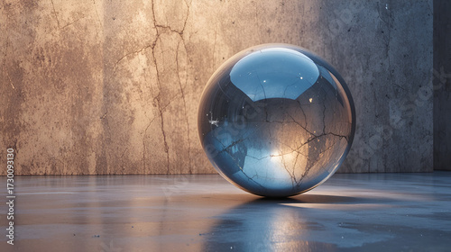 A reflective sphere rests on a smooth surface, illuminated by a warm light, with a textured wall in the background.