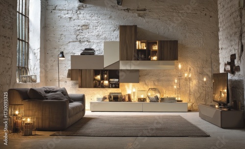 A warm and inviting living room boasts a modern, light-filled design with a neutral color palette and exposed brick walls.