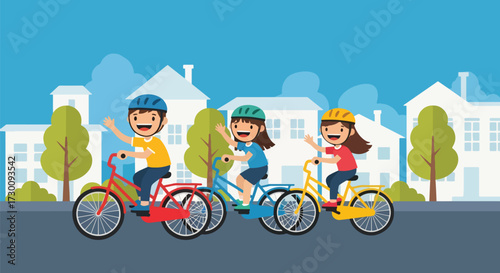 Adobe illustrator artwork vector illustration: Happy children joyfully ride bicycles with helmets on a street with colorful houses, perfect for illustrating childhood, outdoor play, safety