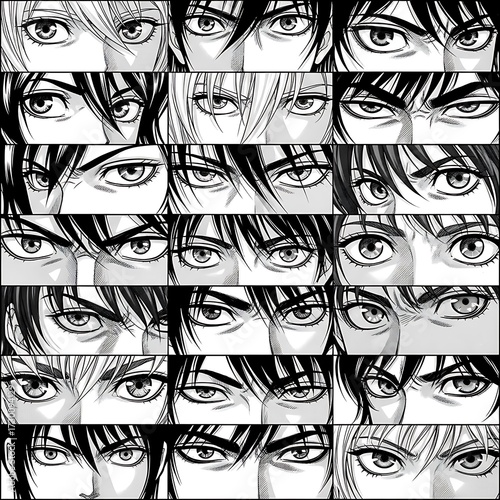 Intense anime style eyes collage montage black and white close up