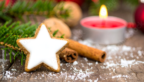 Christmas Star Cookie with Candle and Cinnamon Sticks
