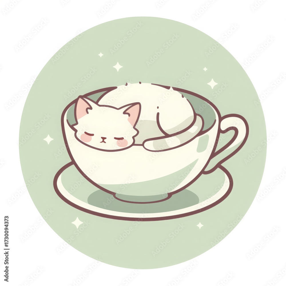 Fototapeta premium Cute white cat sleeping peacefully curled in teacup, an adorable cartoon illustration