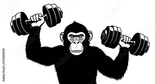 Black and white illustration of a chimpanzee lifting dumbbells with both hands monkey animal