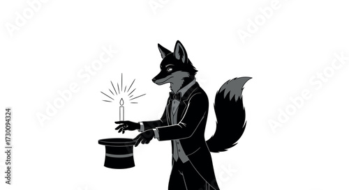 Anthropomorphic fox magician in a tuxedo holding a lit candle and a top hat Keywords: fox, magician, tuxedo, candle, top hat, magic, illusion