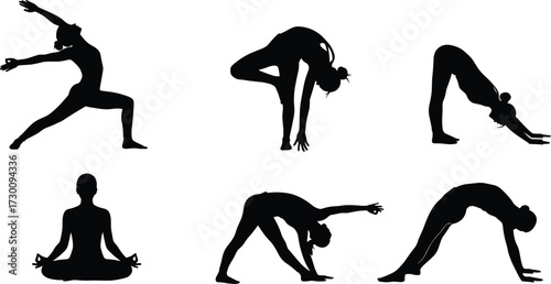 Yoga poses silhouettes, meditation exercise, fitness body stretch, healthy lifestyle, workout illustration, black outline, relaxation posture, mindfulness practice, flexibility training, balance