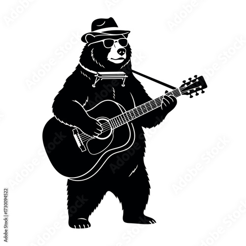 Black silhouette of a bear wearing a hat and sunglasses playing guitar and harmonica musician