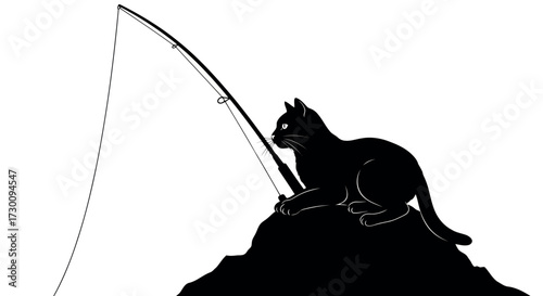 Black silhouette of a cat lying down fishing with a rod and reel on a rock animal fishing rod
