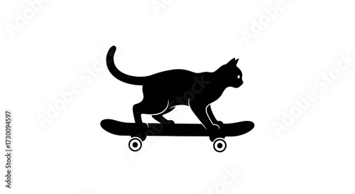 Black silhouette of a cat riding a skateboard on a white background feline animal