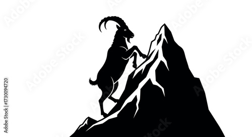 Black silhouette of an ibex standing on a mountain peak on a white background goat