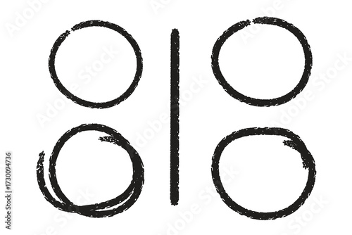 Hand drawn grunge number 0 vector set with circle frame and vintage design elements