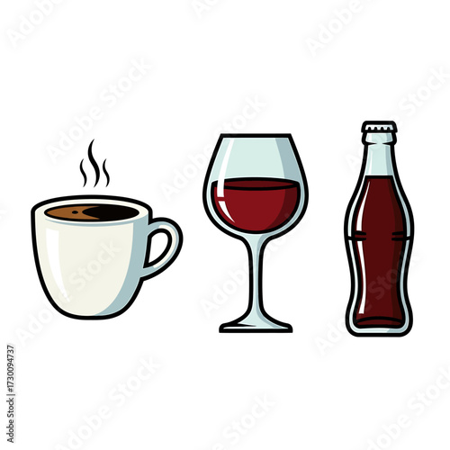 A white mug of hot coffee, a glass of red wine, and a bottle of dark soda.