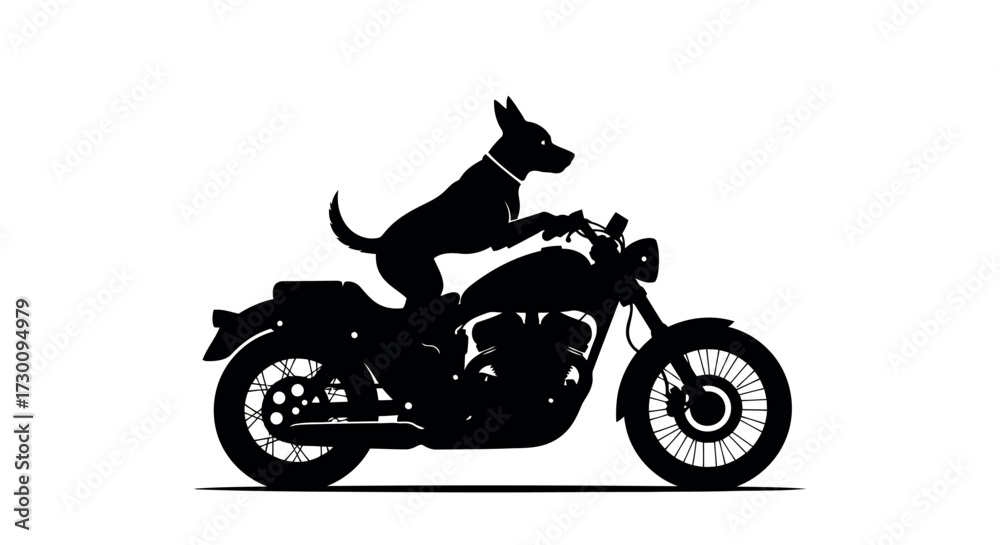 Obraz premium Silhouette of a dog riding a motorcycle on a white background Keywords: dog, motorcycle, riding, silhouette, animal, pet, transportation, vehicle