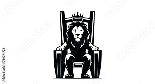 Minimalist Lion King Sitting on Simple Throne Crowned Black and White Vector Keywords: lion, king, throne, crown, animal, wildlife, predator