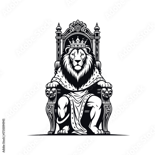 Ornate Lion King On Throne Wearing Crown And Royal Robe With Detailed Chair vector illustration