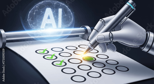 AI writing assistant: robotic hand with pen marking checklist on paper, AI brain.