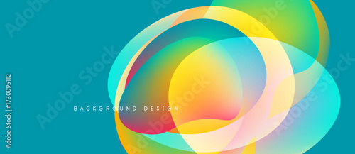 Abstract colorful overlapping circles create dynamic background. Teal base provides vibrant contrast, modern design element.