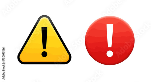 A yellow triangular warning sign and a red circular alert symbol, both featuring a central exclamation mark to signify caution or danger.