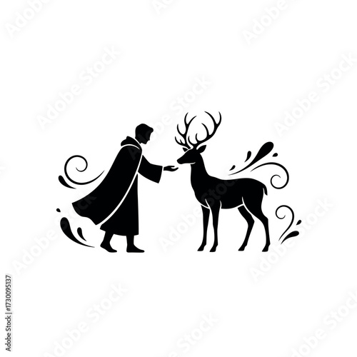 Silhouette of a person in a robe offering food to a deer with decorative swirls Keywords: person, robe, deer, offering, food, animal, wildlife
