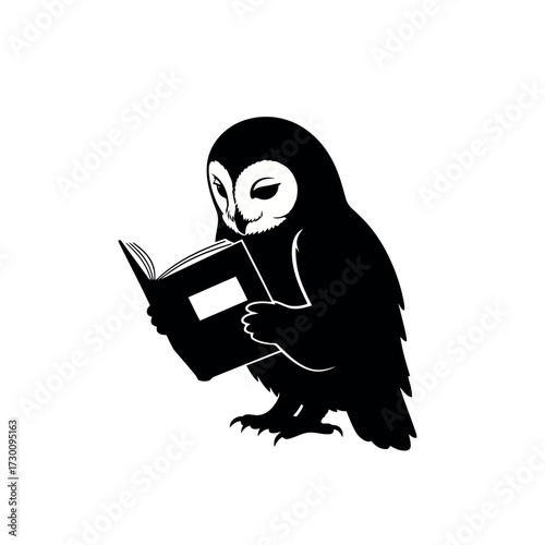 Silhouette of an owl reading a book on a white background bird animal