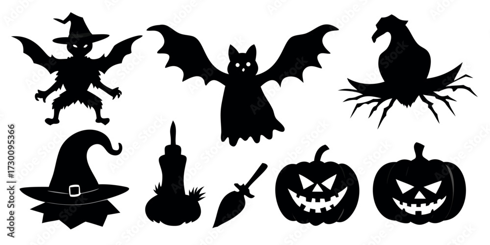 Fototapeta premium Vector Silhouette Set of Halloween Objects Pumpkin Lantern Bat and Witch Hat