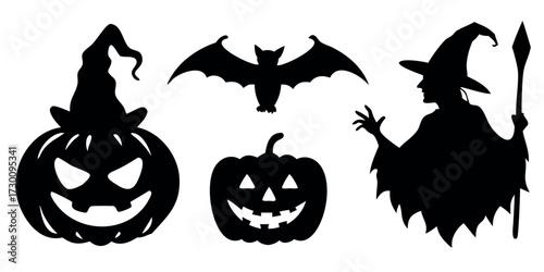 Vector Silhouette Set of Halloween Objects Pumpkin Lantern Bat and Witch Hat
