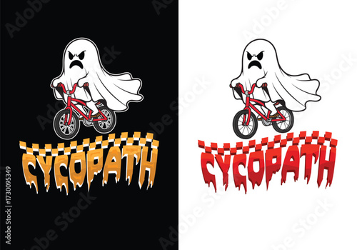 funny ghost riding bicycle cycopath halloween design for Fun Merchandise. Graphic design.